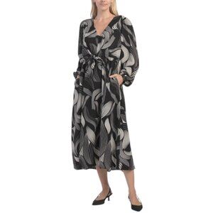 IN FEBRUARY Abstract Geo Bold Print Midi Dress With Front Tie